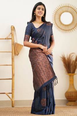  navy blue banarasi art art silk jacquard saree with unstitched blouse 4