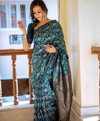 pure teal self design cotton silk kerala saree with unstitched blouse 1