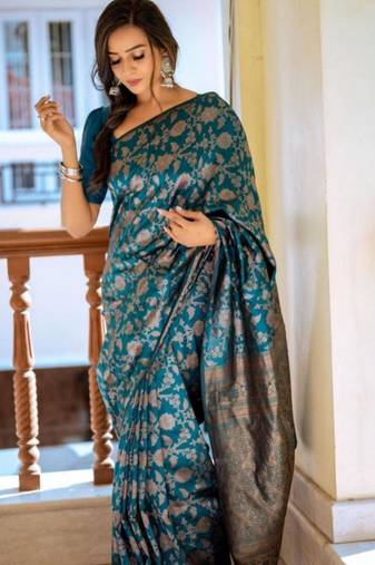 pure teal  self design cotton silk kerala saree with unstitched blouse