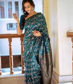 pure teal  self design cotton silk kerala saree with unstitched blouse