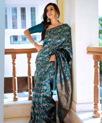 pure teal self design cotton silk kerala saree with unstitched blouse 2