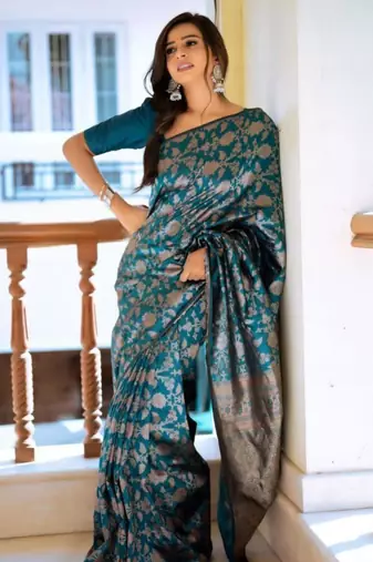 pure teal self design cotton silk kerala saree with unstitched blouse