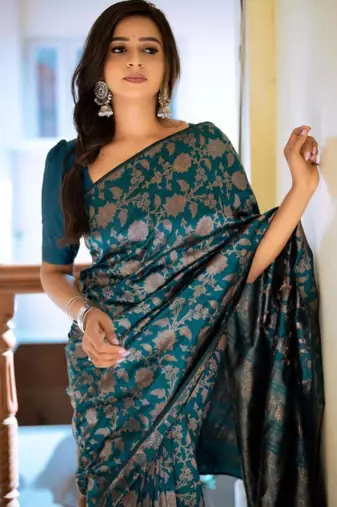pure teal self design cotton silk kerala saree with unstitched blouse