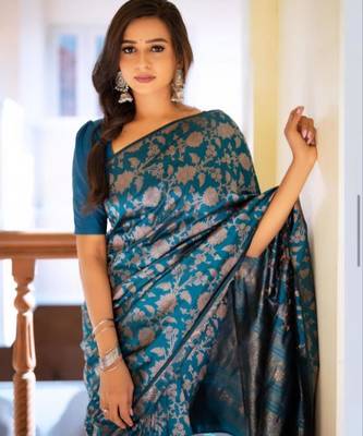 pure teal self design cotton silk kerala saree with unstitched blouse 4