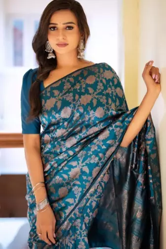 pure teal self design cotton silk kerala saree with unstitched blouse