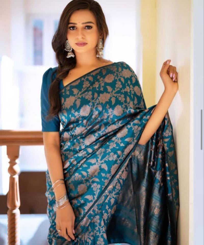 pure teal  self design cotton silk kerala saree with unstitched blouse