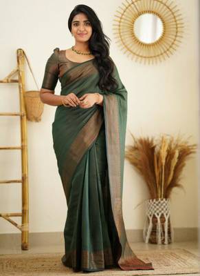fashionable green woven pure art silk blend multicolor saree with unstitched blouse 1