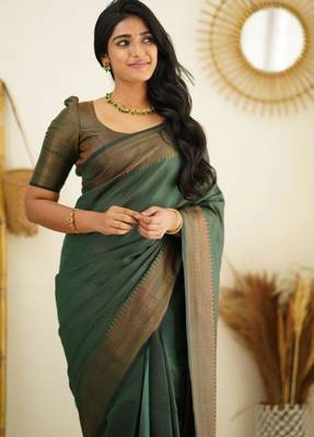 fashionable green woven pure art silk blend multicolor saree with unstitched blouse 2