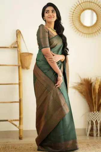 fashionable green woven pure art silk blend multicolor saree with unstitched blouse