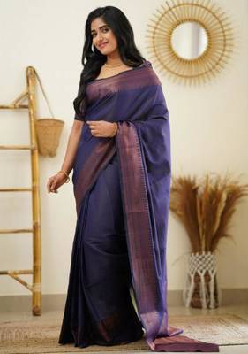  navy blue resham thread silk cotton saree with unstitched blouse 1