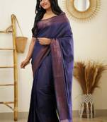 latest navy blue resham thread silk cotton bollywood saree with unstitched blouse