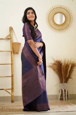  navy blue resham thread silk cotton saree with unstitched blouse 2