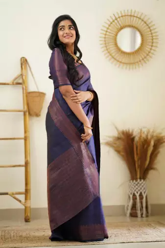  navy blue resham thread silk cotton saree with unstitched blouse