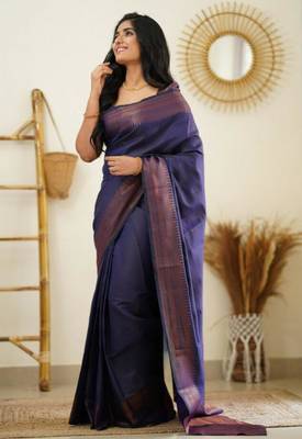  navy blue resham thread silk cotton saree with unstitched blouse 3