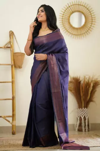  navy blue resham thread silk cotton saree with unstitched blouse