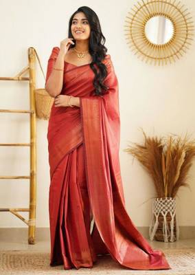 soft red banarasi south silk fancy saree with unstitched blouse 1