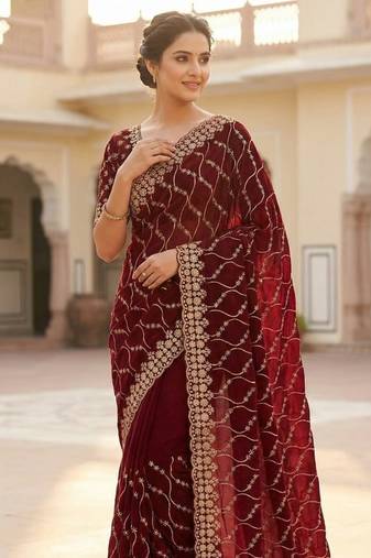 Maroon Color Sequence Embroidery Work With Cut Work Border Silk Saree