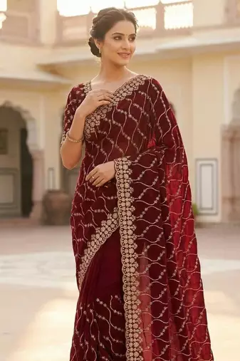Maroon Color Sequence Embroidery Work With Cut Work Border Silk Saree