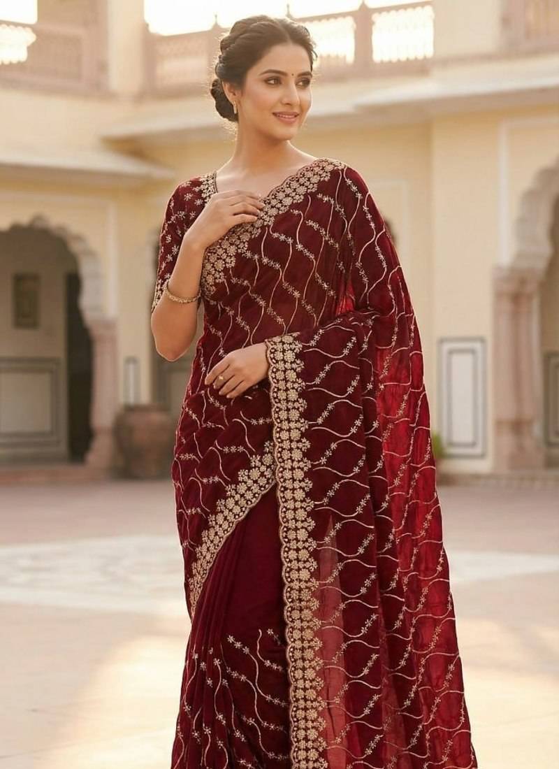 Maroon Color Sequence Embroidery Work With Cut Work Border Silk Saree