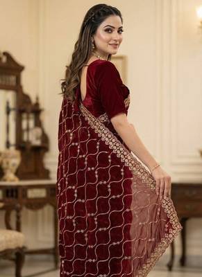 Maroon Color Sequence Embroidery Work With Cut Work Border art silk saree 2
