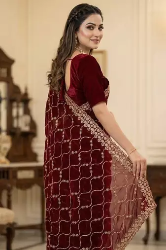 Maroon Color Sequence Embroidery Work With Cut Work Border art silk saree