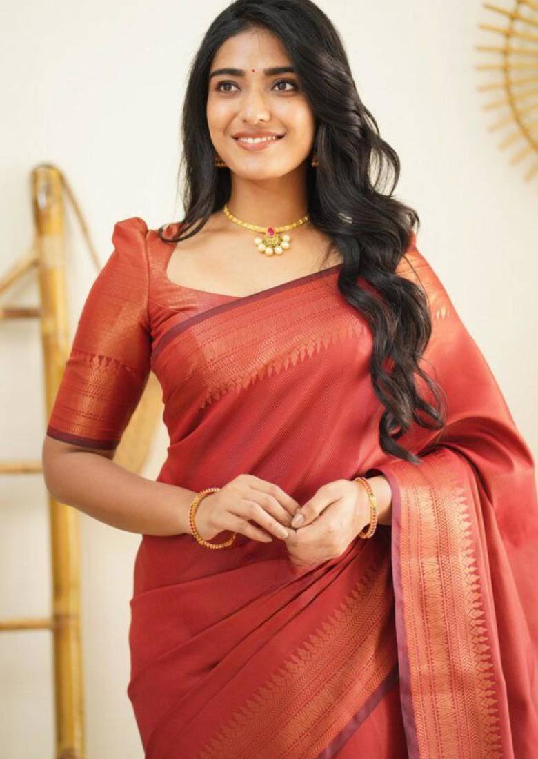 soft red banarasi south silk fancy saree with unstitched blouse