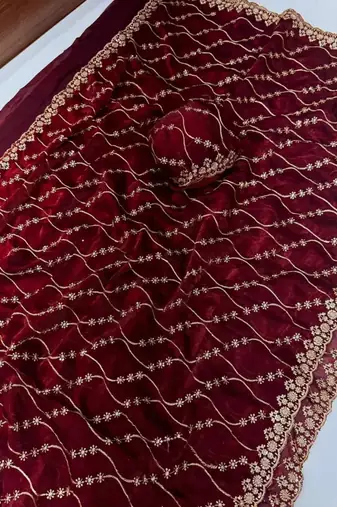 Maroon Color Sequence Embroidery Work With Cut Work Border art silk saree