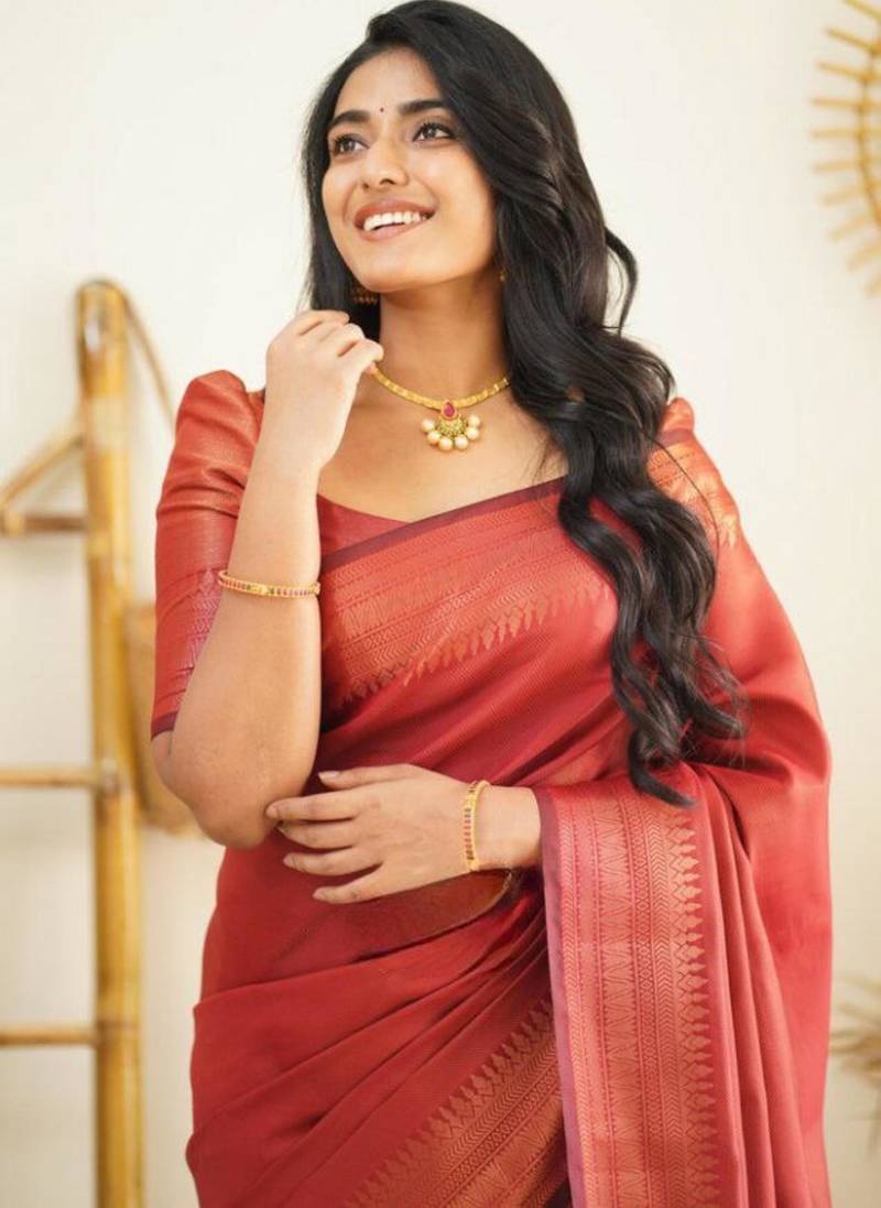 soft red banarasi south silk fancy saree with unstitched blouse