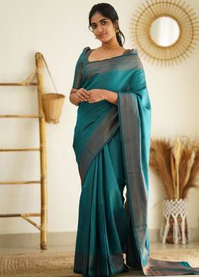 sea green self design pure art silk gift saree with unstitched blouse 1