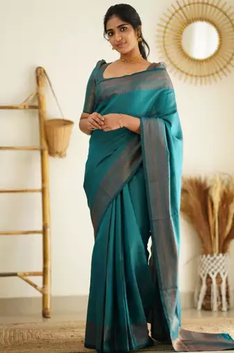 latest sea green  self design pure art silk gift saree with unstitched blouse