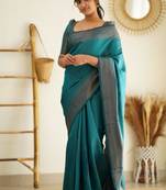 latest sea green  self design pure art silk gift saree with unstitched blouse