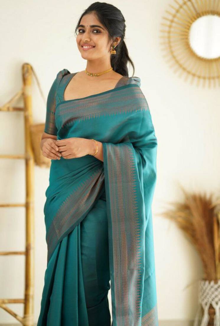 latest sea green  self design pure art silk gift saree with unstitched blouse