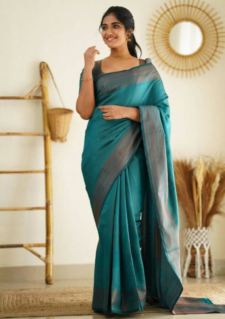 latest sea green  self design pure art silk gift saree with unstitched blouse