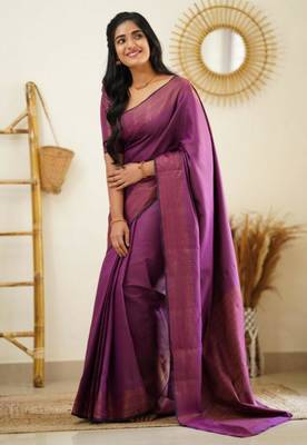 celebrity type purple self design art silk jacquard saree with unstitched blouse 1