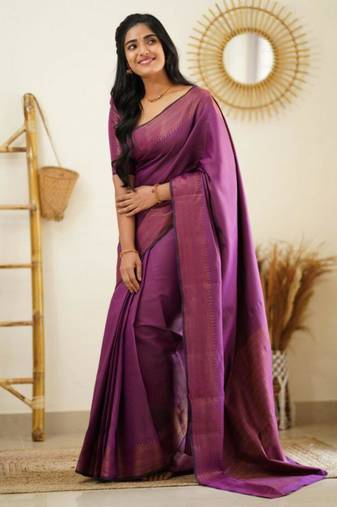 celebrity type purple self design art silk jacquard saree with unstitched blouse