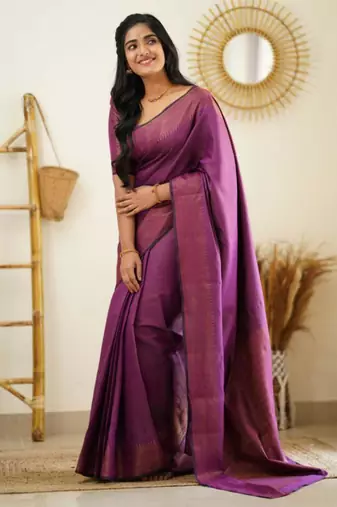 celebrity type purple self design art silk jacquard saree with unstitched blouse