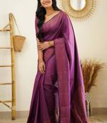 celebrity type purple self design art silk jacquard saree with unstitched blouse