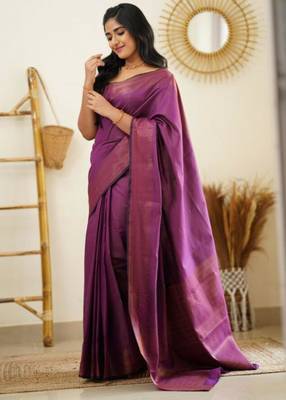 celebrity type purple self design art silk jacquard saree with unstitched blouse 2