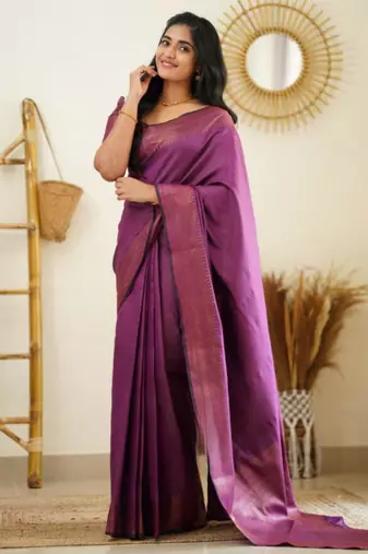 celebrity type purple self design art silk jacquard saree with unstitched blouse