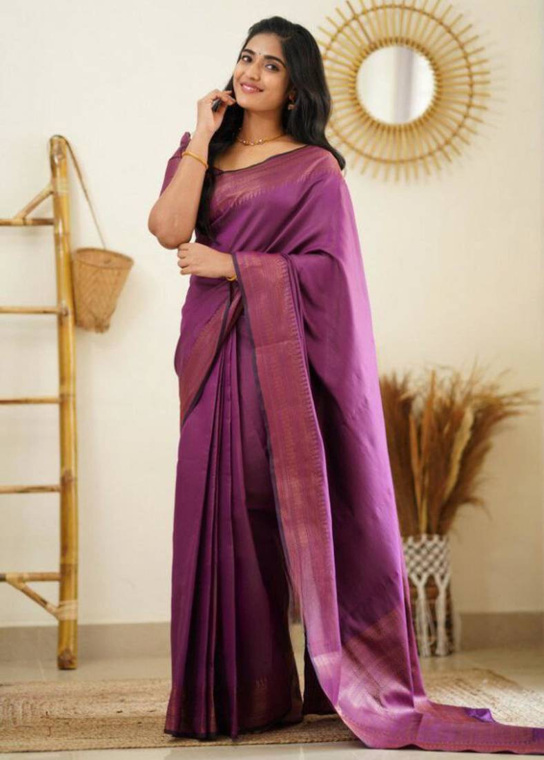 celebrity type purple self design art silk jacquard saree with unstitched blouse