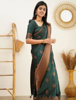 floral green woven cotton silk kerala saree with unstitched blouse 1