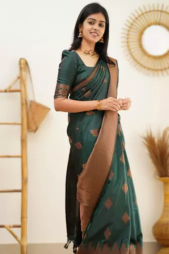 floral green woven cotton silk kerala saree with unstitched blouse