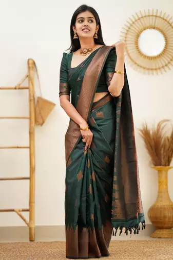 floral green woven cotton silk kerala saree with unstitched blouse