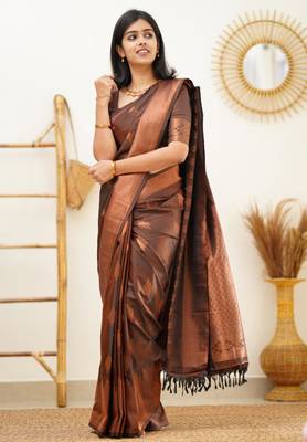 embellished brown jacquard art silk blend light weight saree with unstitched blouse 1