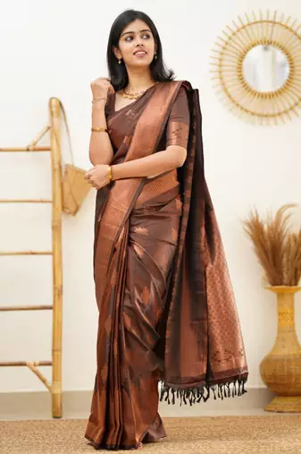 embellished brown jacquard art silk blend light weight saree with unstitched blouse