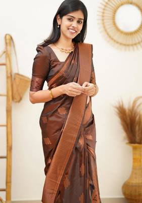 embellished brown jacquard art silk blend light weight saree with unstitched blouse 2