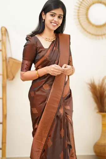 embellished brown jacquard art silk blend light weight saree with unstitched blouse