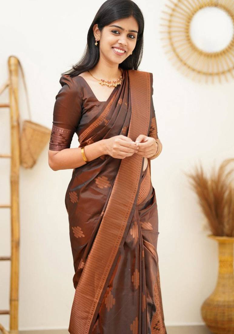 embellished brown jacquard art silk blend light weight saree with unstitched blouse