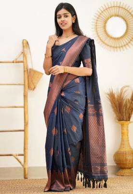 ethnic navy blue resham thread pure art silk blend multicolor saree with unstitched blouse 1