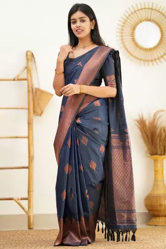 ethnic navy blue resham thread pure art silk blend multicolor saree with unstitched blouse